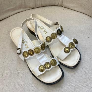 Fun 70’s Vintage GOLD COIN Embellished Sandals / Black Heel 
