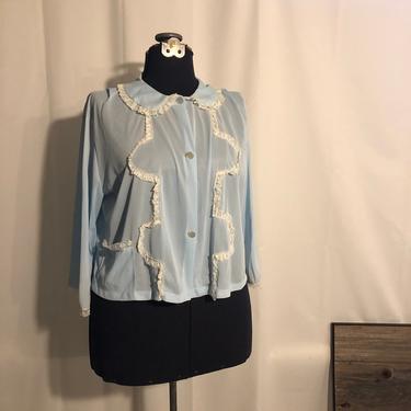 Bed Jacket Robe 1950s pinup lingerie blue white lace L 
