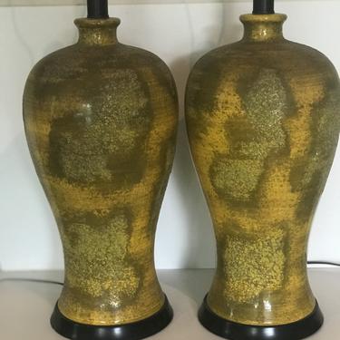 Pair of Mid Century Yellow Ceramic mottled lamps