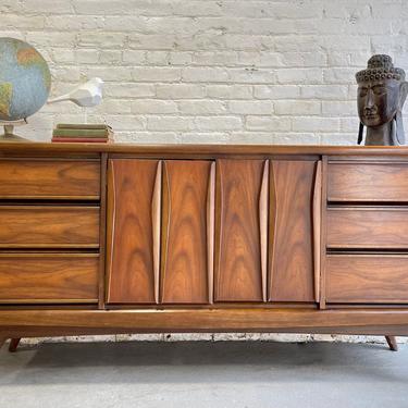 LONG Mid Century Modern SCULPTED Walnut CREDENZA / Triple Dresser 