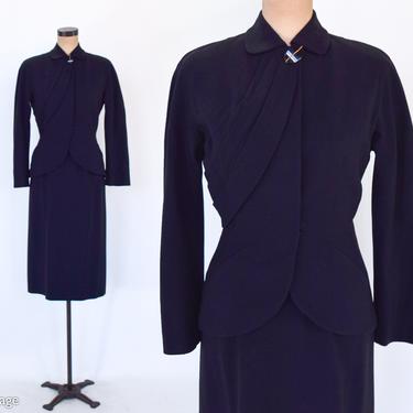 1940s Black Wool Suit | 40s Black Wool Gabardine Skirt Suit | Matlin | Small 
