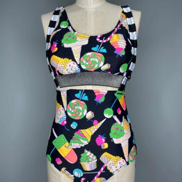 Ice Cream Bikini-Candy Print Clothing-Candy Rave Costume-Drag Queen Costume-Suspender Swimsuit-Acrobat Costume-High Waist Swimsuit-GoGo 