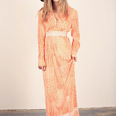 70s Orange Lace Maxi Vintage Spring Peach Rayon Dress 