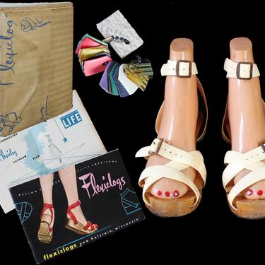 RARE 1950s FLEXICLOGS w Original Box, Two Ad Booklets, and Sample Strap Ring! / Cream Articulated Wood 40s 50s Shoes / Sandals 