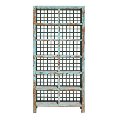 Chinese Distressed Blue Lacquer Display Bookcase Cabinet cs4059E 