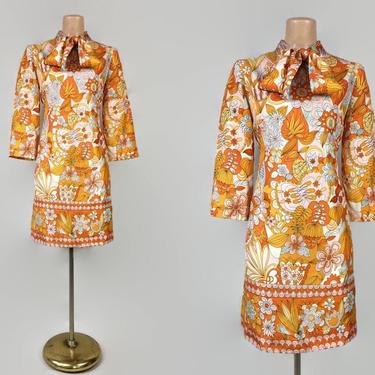 VINTAGE 60s Psychedelic Floral Op-Art Print Mini Shift Dress | 1960s Pussy Bow Ascot Tie Dress | Retro Go Go Dress | Groovy MOD Orange Gold 