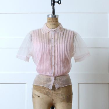 volup vintage 1950s sheer nylon blouse • light blush pink see through top with lace camisole liner 