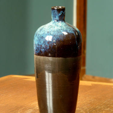 Pottery Bottle Shaped Bud Vase or Weed Pot in Black and Blue Glaze - Ceramic Vase - Flower Pot - Indoor Planter - Home Decor 