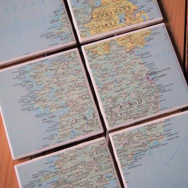 1967 Ireland Vintage Map Coasters - Ceramic Tile Set of 6 - Repurposed 1960s Rand McNally Atlas - Handmade - Dublin - Belfast 