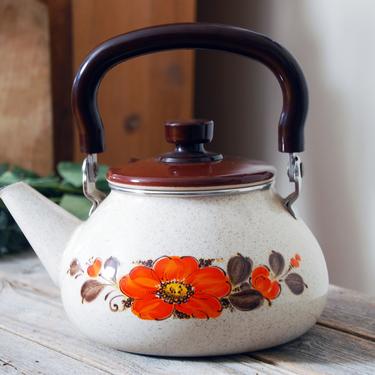 Vintage enamelware teapot / painted Show Pans Sanko Ware tea kettle / orange floral and mocha brown tea pot / retro kitchenware 