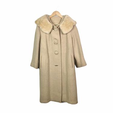 Vintage 60's Beige Woven Wool Forstmann Swing Coat with Fur Collar, Missing Button 