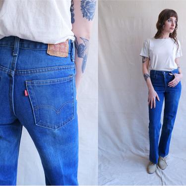 Vintage 70s Levis 717 Denim/ 1970s High Waisted Straight Leg Faded Jeans/ Polyester Cotton Blend/ Student Fit/ Size XXS 