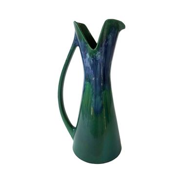Royal Haeger Green and Cobalt Blue Art Pottery Flower Pitcher Vase With Handle 