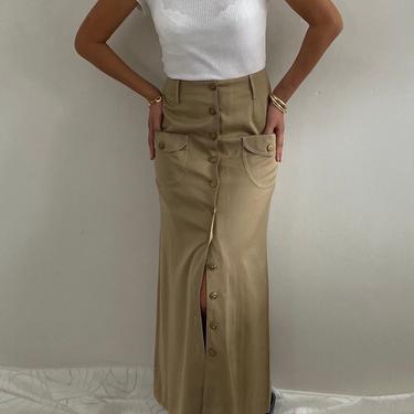 70s button front skirt / vintage khaki silk cotton gabardine hand made button front ankle length pocket maxi skirt | 27 W size 4 