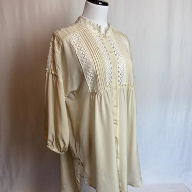 All silk lace tunic blouse~ Johnny was~ blousy loose flowing fit~ antique off white~ poet sleeves~ size SM-MED 