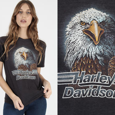 Vintage 80s Harley Davidson T Shirt 1980s 3D Emblem Eagle Head Tee Motorcycle 2 Sided Texas Biker Dealer Soft THIN T Shirt Medium M 