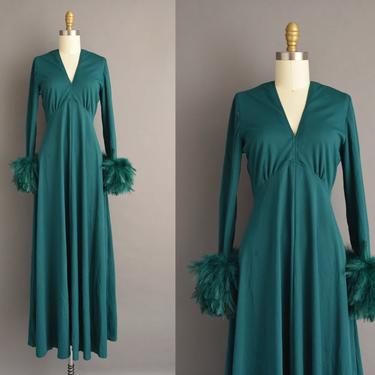 1970s vintage dress | Victor Costa Emerald Green Feather Cocktail Party Full Length Dress | Medium | 70s dress 