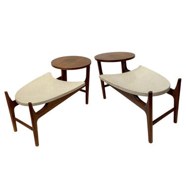 Pair of American Mid-Century Modern Walnut & Terrazzo Stone Rare End Tables