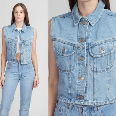 90s Denim Button Up Crop Top - Medium | Vintage Blue Jean Sleeveless Cropped Vest 