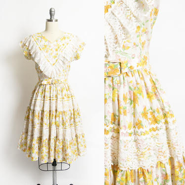 1950s Dress Floral Full Circle Skirt Western Lace 60s Medium 