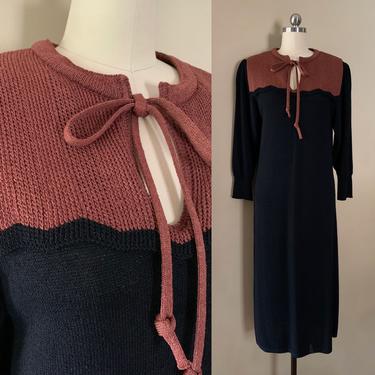 1970s does 1930s - mauve & black Oscar De La Renta long sleeve knit dress - M/L - 36 bust 32 waist 