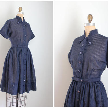 vintage 50s blue plisse dress - '50s day dress / 1950s short sleeve dress - sheer plisse dress / 50s shirt waist dress - sheer blue dress 