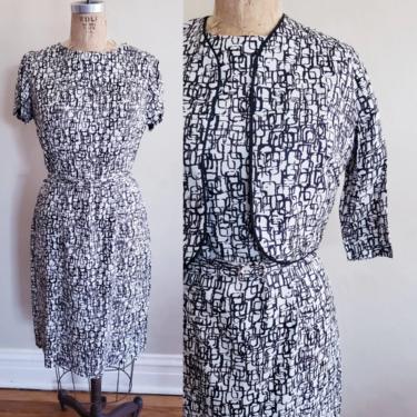 60s Black White Abstract Graphic Print Dress Suit Set /Short Sleeved Belted MCM Pattern Dress Matching Cropped Jacket Midcentury Modern Mona 