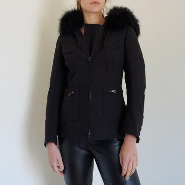 PRADA Nylon Slim Cut Minimalist Black Zip Front Jacket with Fox Fur Hood Fitted Y2K XS S Sports 