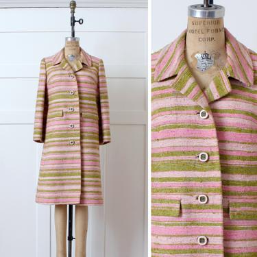 vintage 1960s dress coat • pink &amp; green striped textured raw silk mod coat 