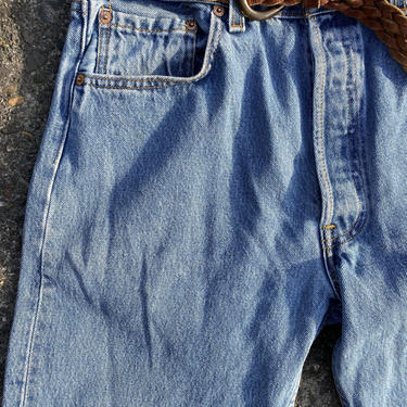 LEVI’S  501 XX denim ~ faded blue jeans ~ 35” X 34” naturally worn in Unisex men’s/ women’s classic boyfriend cut 100% cotton~ 90s VTG 