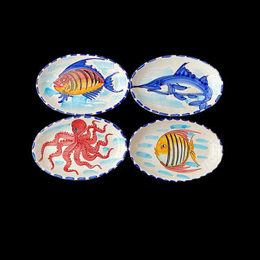 Vintage 1970s / 1980s Italian Set of 4 Ceramic Hand Painted Oval Under Water Sea Theme Plates for VIETRI Italy Fish & Octopus 