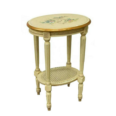 Vintage French Provincial Louis XVI Style Gilt Antique White Polychrome Painted Wood &amp; Cane Tiered Oval Side Table / Nightstand / Lamp Stand 