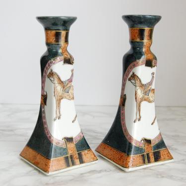 Vintage Porcelain Horse Candlesticks Pair Candleholders with Equestrian Design English Hunt Decor by PursuingVintage1