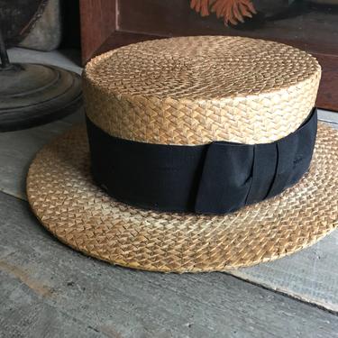 French Straw Boater Hat, Black Ribbon Bow, Prop, Made in France 