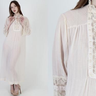 Vintage 80s Christian Dior Nightgown / Ivory Edwardian Shirt Robe / Dior Lace Lingerie See Through Slip / Sexy Sheer Evening Dress 