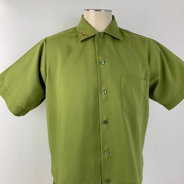 1970'S-80's Bowling Shirt - Olive Green - Rayon/Poly Blend - Embroidered Bowler on Collar - Men's Size Medium 