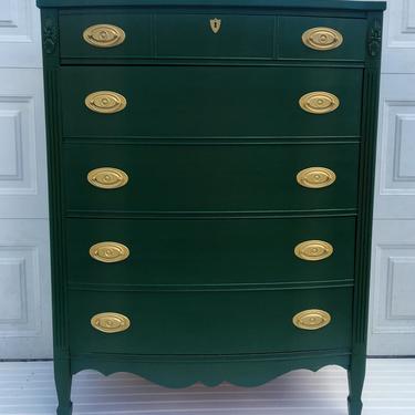 Hunter Green Antique Dresser, Forest Green Chest, Dark Green and Gold Dresser, Federal Dresser, Highboy Dresser, Free NYC Delivery 