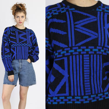 80s Black &amp; Blue Geometric Knit Sweater - Large | Vintage Abstract Pullover Jumper 