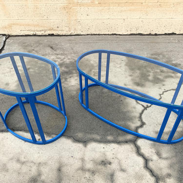 Pair of Vintage Modern Steel Patio Tables Refinished in Blue, Free U.S. Shipping