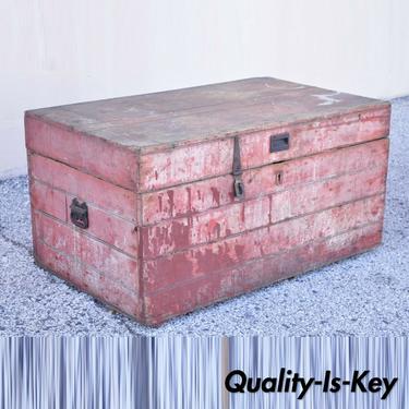 Antique Wood Primitive Country Red Distress Painted Trunk Treasure Blanket Chest