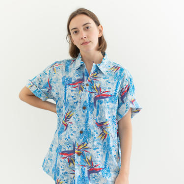 Vintage Blue Tropical Print Short Sleeve Shirt | Loop Collar Hale Hawaii Blouse | Hawaiian Top | M 