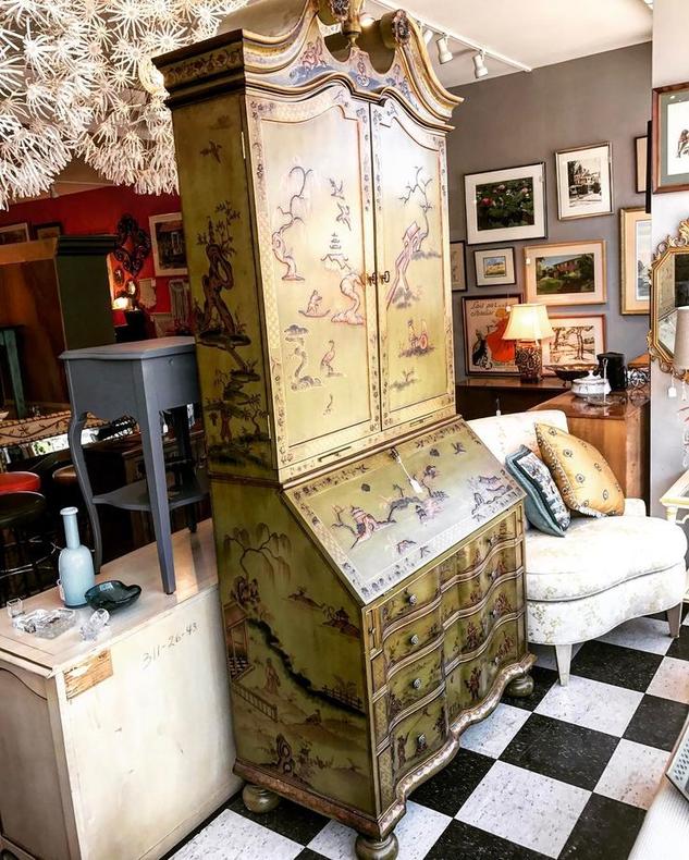 Olive green and gilt wood Chinoiserie Secretary