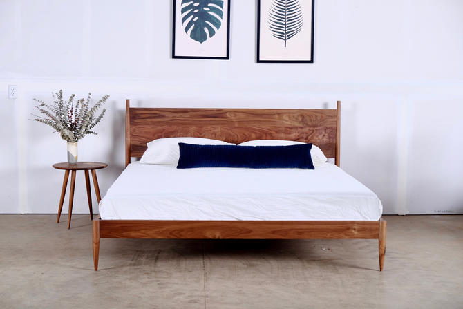 Modern Walnut Bed Frame Solid Wood, Mid Century Modern Wood Bed Frame King