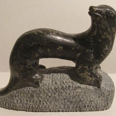 Inuit Carved Soapstone Sculpture Otter with Fish on Base 