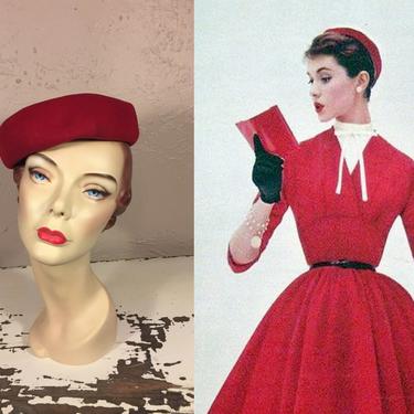 Who's My Date Tonight - Vintage 1950s Lipstick Red Wool Felt Caplet Soft Pill Box Hat 