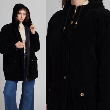 90s Current Seen Black Velvet Puffer Jacket - Women's Large | Vintage Hooded Winter Streetwear Coat 