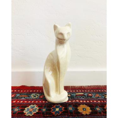 Mid Century White Iridescent Ceramic Cat Sculpture / Rosenthal Netter 