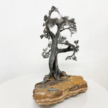 Modern Raw Edge Botanical Art BONSAI Tree Sculpture in Stone &amp; Stainless Steel 