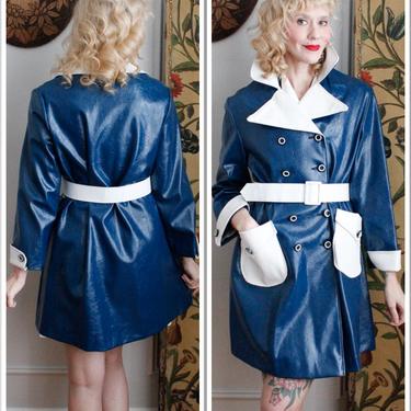 1960s Jacket // MOD Vinyl Blue & White Trench Coat // vintage 60s vinyl jacket 
