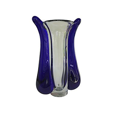 1980s Vintage Jaroslav Svoboda for Karlov Cobalt Blue and Clear Glass Vase 